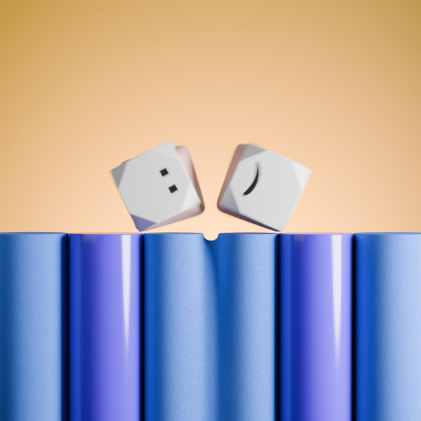ISGMD - Render 3D di due cubi bianchi con simboli ":)" che sbucano da cillndri blu, progetto creativo Masterclass 3D Motion Design ISGMD Design Academy