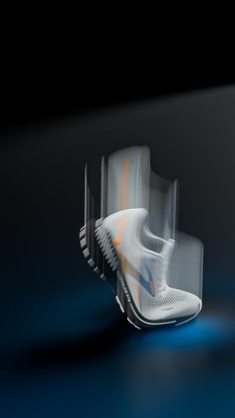 ISGMD - Sneaker bianca con dettagli arancioni in rendering 3D motion blur su sfondo scuro – ISGMD Design Academy Masterclass