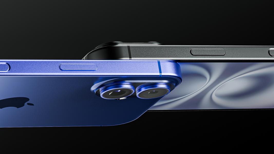 ISGMD - Render 3D realistico di un concept iPhone in alluminio blu con doppia fotocamera, creato da uno studente della Masterclass 3D Motion Design di ISGMD Design Academy