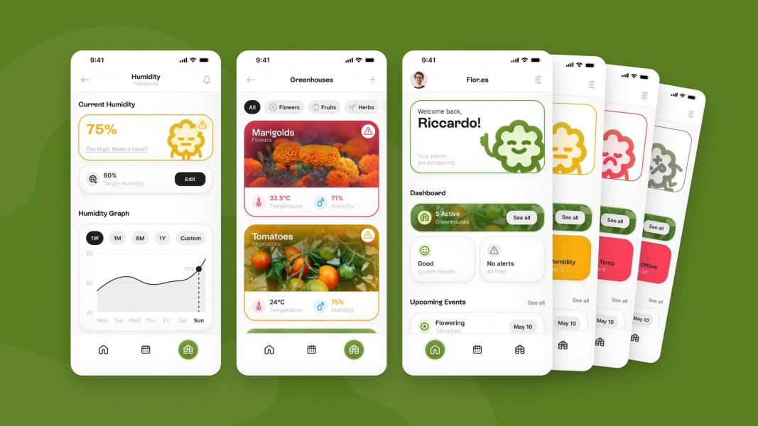 Design dell'interfaccia UI dell'app Flor.es per la gestione di serre realizzato in Figma: tre schermate mobile mostrano il monitoraggio dell'umidità al 75% con alert e grafico settimanale, il catalogo delle piante con calendule e pomodori includendo dati 